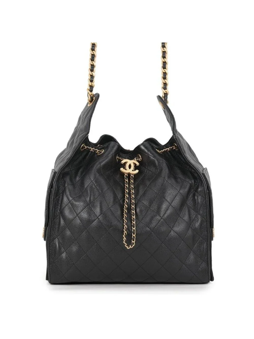 Chanel Chain Shoulder Bag 25 CC Logo Quilted Caviar Leather Black